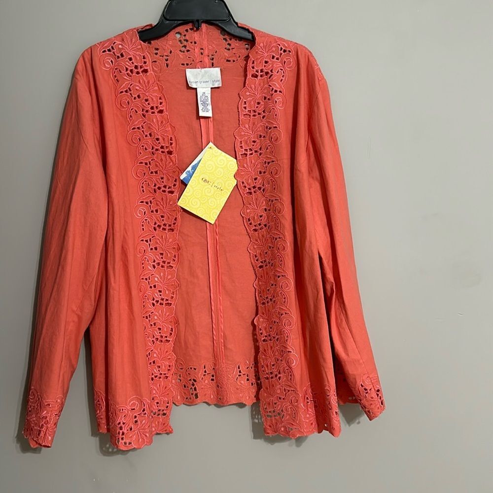 Susan Graver Cardigan Womens Floral Embroidered Linen Blend Lightweight 2X